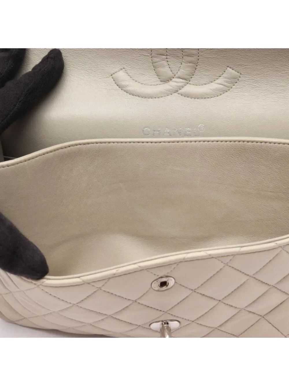 Chanel Shoulder Bag Quilted Double Flap Light Gray Lambskin Chain